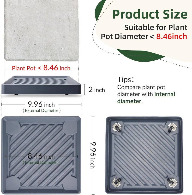 REDHUGO 2PCS Square Plant Caddy with Hidden Wheels, Heavy Duty Rolling Plant Stand Caddy with Wheels, Pot Base for Indoor Outdoor, Gray, 9.96 inches - Image 2